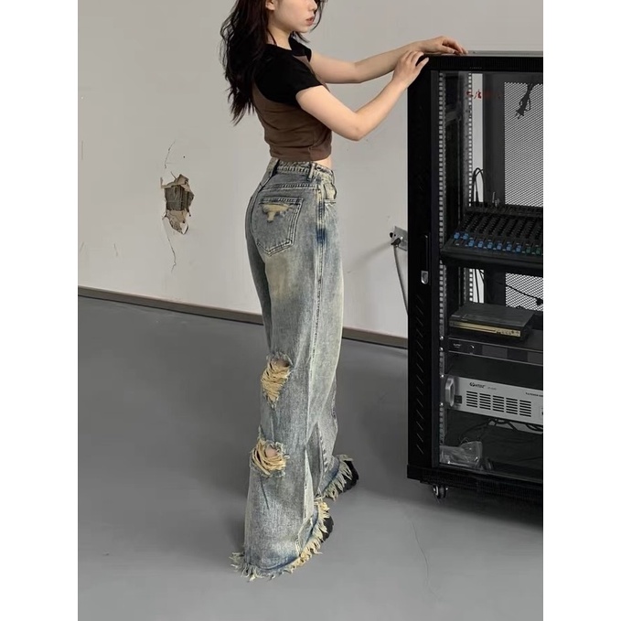 Jiashucheng Quần Jean Dài Ống Rộng Lưng Cao Rách Lỗ Cỡ Lớn Thời Trang Mùa Hè Cho Nữ