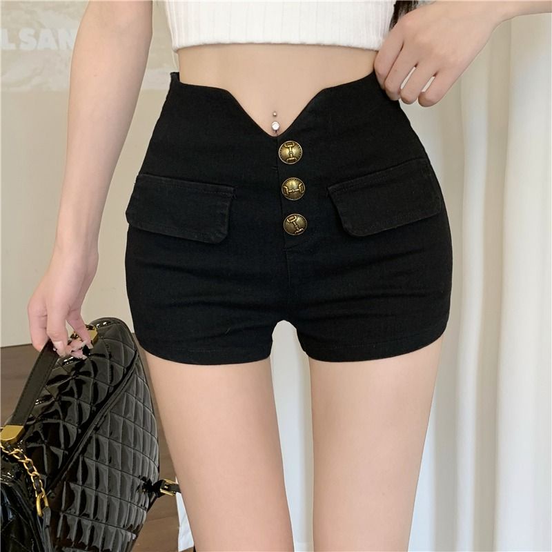 Jiashucheng Quần Short Denim Eo Cao Co Giãn Thiết Kế Hàng Nút Thời Trang Mùa Hè Hàn Quốc Mới Cho Nữ