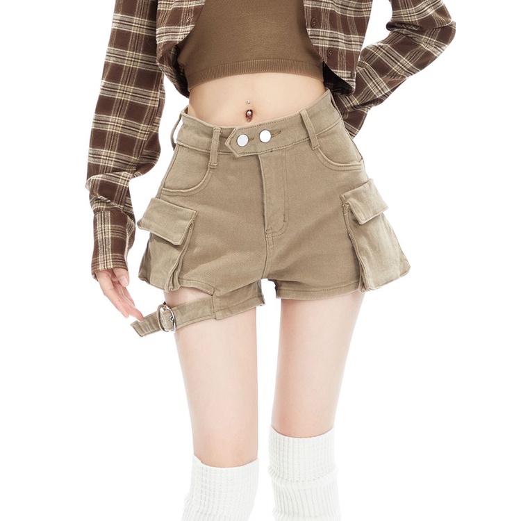 Jiashucheng Quần Yếm Denim Ngắn Hai Túi Lưng Cao Màu Cà Phê Retro Mỹ Thiết Kế Cột Dây Thời Trang Cho Nữ