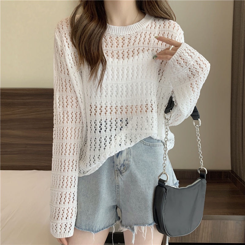 Jiashucheng Áo Sweater Mỏng Tay Dài Dáng Rộng Khoét Lỗ Phong Cách Hàn Quốc Dễ Phối Đồ Thời Trang Mùa Hè Dành