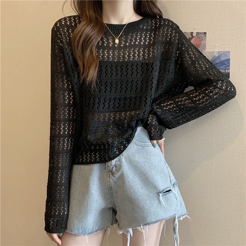 Jiashucheng Áo Sweater Mỏng Tay Dài Dáng Rộng Khoét Lỗ Phong Cách Hàn Quốc Dễ Phối Đồ Thời Trang Mùa Hè Dành