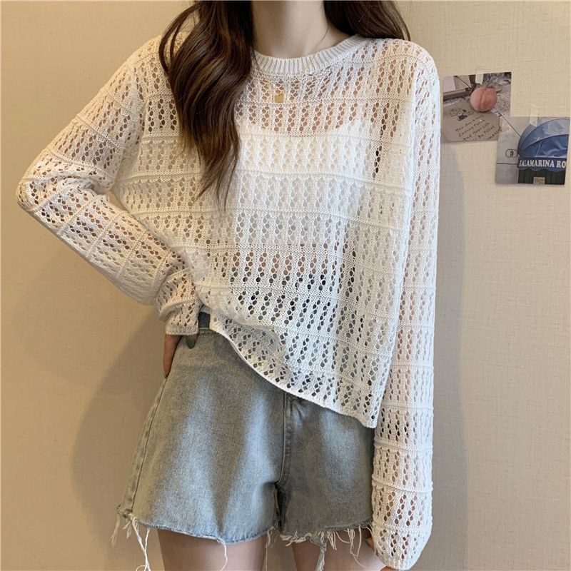 Jiashucheng Áo Sweater Mỏng Tay Dài Dáng Rộng Khoét Lỗ Phong Cách Hàn Quốc Dễ Phối Đồ Thời Trang Mùa Hè Dành