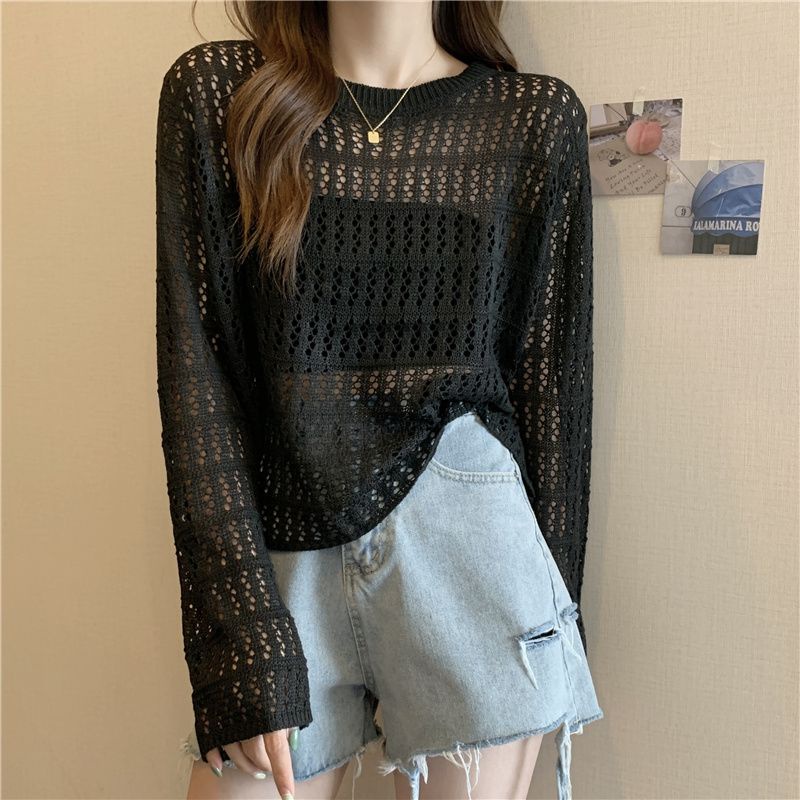 Jiashucheng Áo Sweater Mỏng Tay Dài Dáng Rộng Khoét Lỗ Phong Cách Hàn Quốc Dễ Phối Đồ Thời Trang Mùa Hè Dành