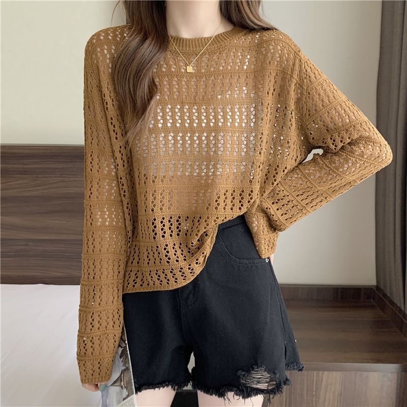 Jiashucheng Áo Sweater Mỏng Tay Dài Dáng Rộng Khoét Lỗ Phong Cách Hàn Quốc Dễ Phối Đồ Thời Trang Mùa Hè Dành