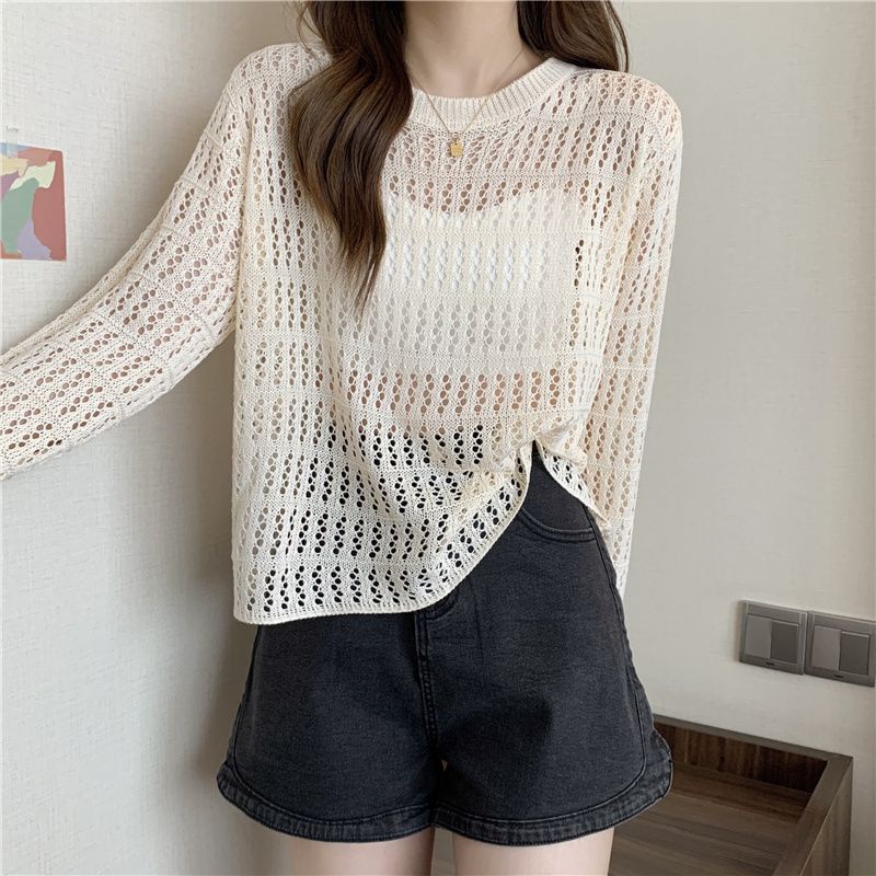 Jiashucheng Áo Sweater Mỏng Tay Dài Dáng Rộng Khoét Lỗ Phong Cách Hàn Quốc Dễ Phối Đồ Thời Trang Mùa Hè Dành