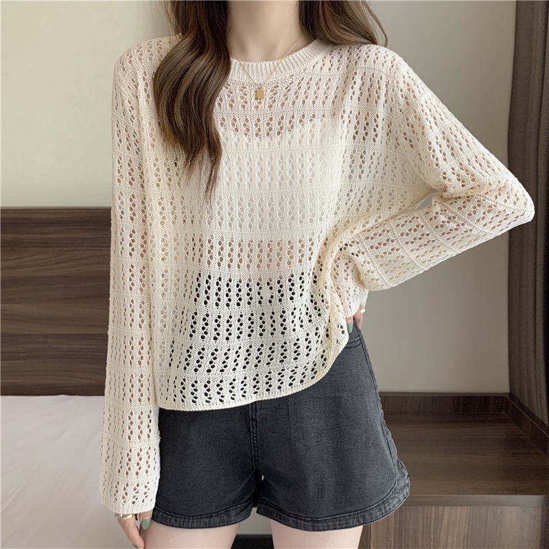 Jiashucheng Áo Sweater Mỏng Tay Dài Dáng Rộng Khoét Lỗ Phong Cách Hàn Quốc Dễ Phối Đồ Thời Trang Mùa Hè Dành