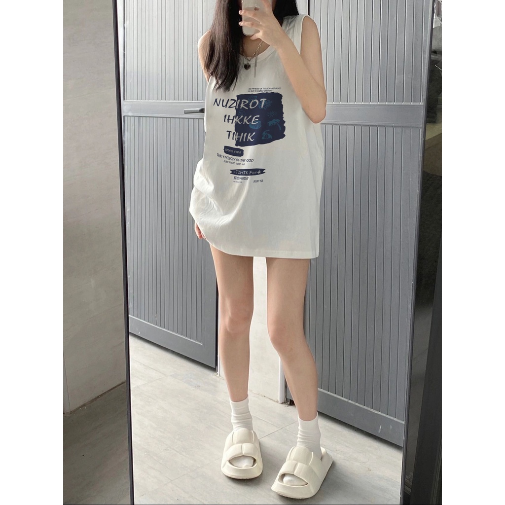 Jiashucheng Áo Thun Không Tay Dáng Rộng Dài Qua Gối Phong Cách Retro Mỹ Thời Trang Mùa Hè Dành Cho Nữ