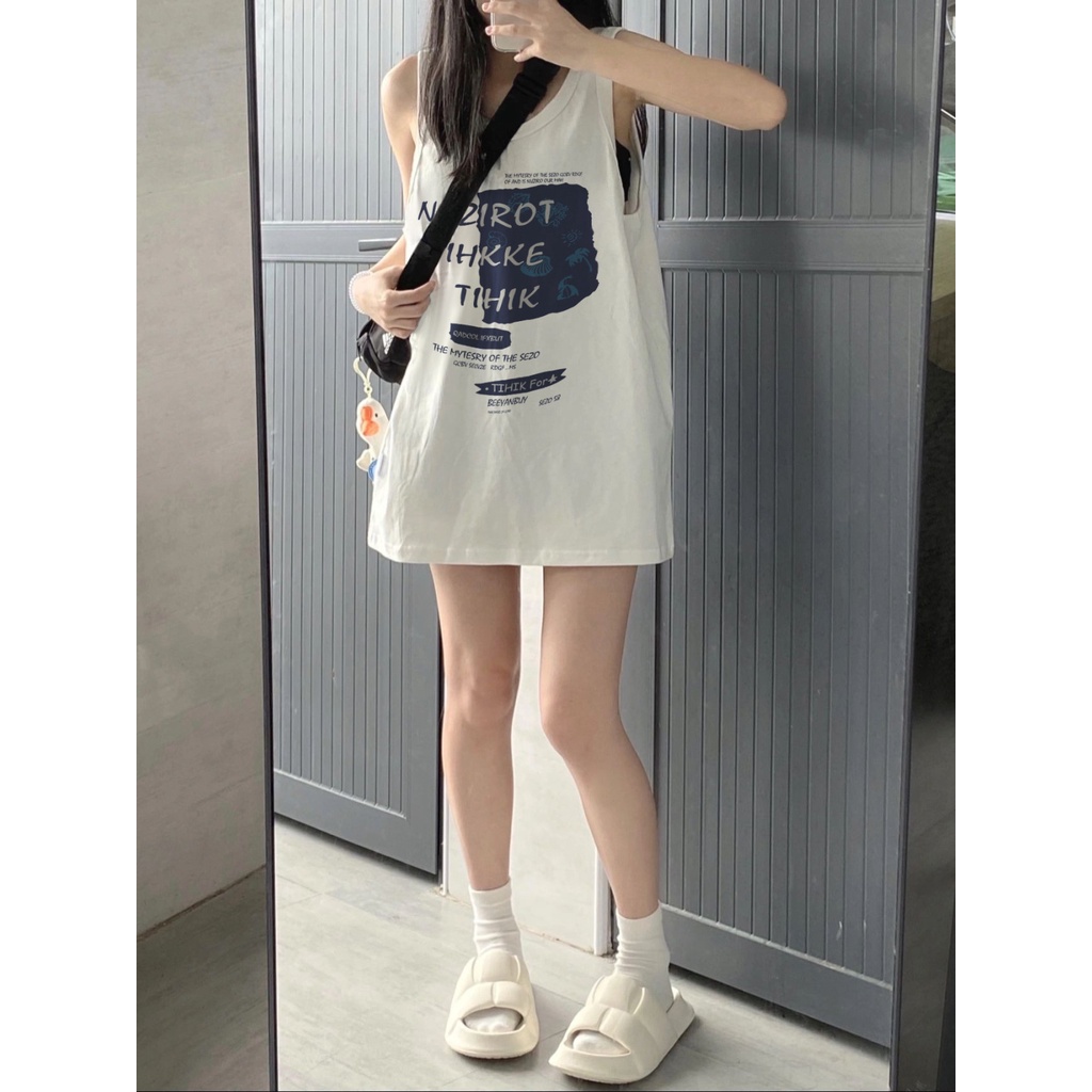 Jiashucheng Áo Thun Không Tay Dáng Rộng Dài Qua Gối Phong Cách Retro Mỹ Thời Trang Mùa Hè Dành Cho Nữ