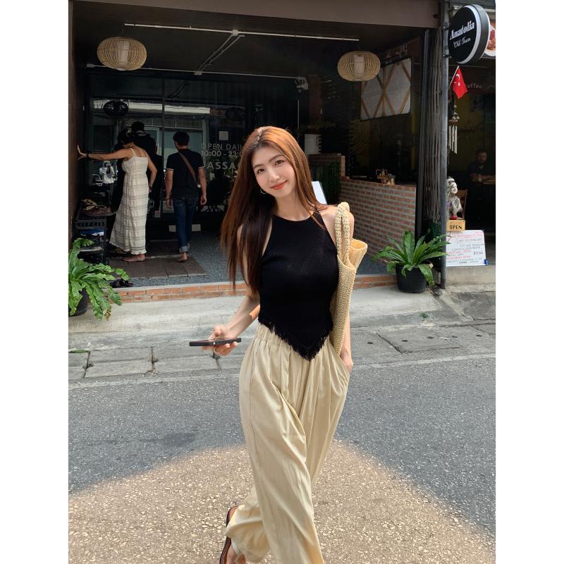 Áo Hai Dây Dệt Kim Dáng Ngắn Che Phủ Bụng Thời Trang Mùa Hè Cho Nữ