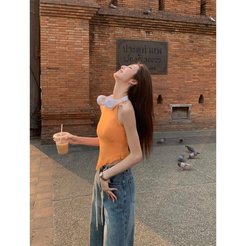 Áo Hai Dây Dệt Kim Dáng Ngắn Che Phủ Bụng Thời Trang Mùa Hè Cho Nữ