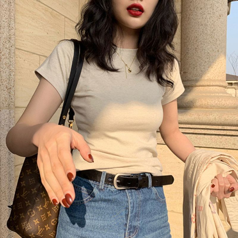 Jiashucheng Áo Thun Tay Ngắn Hở Vai Dáng Ôm Hình Giọt Nước Cơ Bản Thời Trang Mùa Hè Mới Dành Cho Bạn Nữ