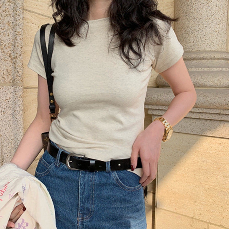 Jiashucheng Áo Thun Tay Ngắn Hở Vai Dáng Ôm Hình Giọt Nước Cơ Bản Thời Trang Mùa Hè Mới Dành Cho Bạn Nữ