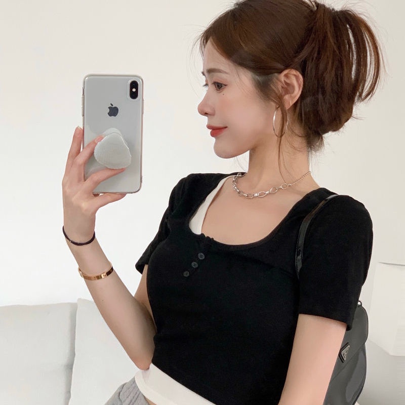 Áo Thun Ngắn Tay Giả Hai Mảnh Dáng Ôm Màu Đen Thời Trang Mùa Hè 2022 Cho Nữ