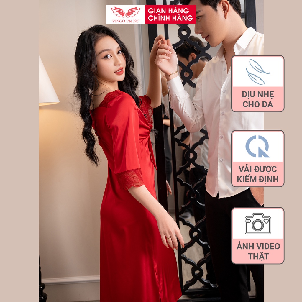 Đầm ngủ nữ sexy mặc nhà lụa cao cấp phối ren mùa hè VINGO tay lỡ cổ V gợi cảm màu trắng và đỏ N337 VNGO