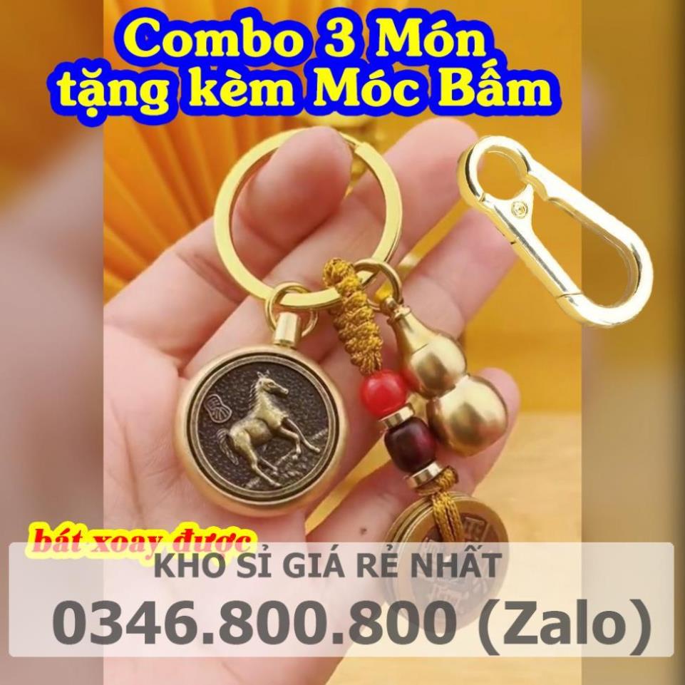 Móc Khóa 12 Con Giáp XOAY ĐƯỢC 3 Món, Dây 5 Xu + Quả Bầu Rỗng + Bát Mặt 8 Vị Phật Bản Mệnh 12 Con Giáp