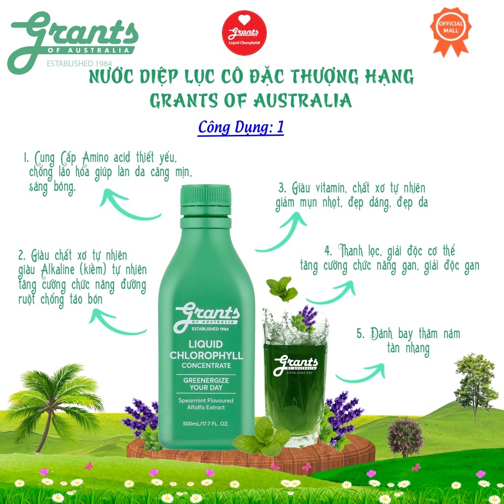 Nước Diệp Lục Cô Đặc Grants Of Australia Giúp Làm Sáng Da, Thanh Lọc, Thải Độc Cơ Thể Chai 500ml