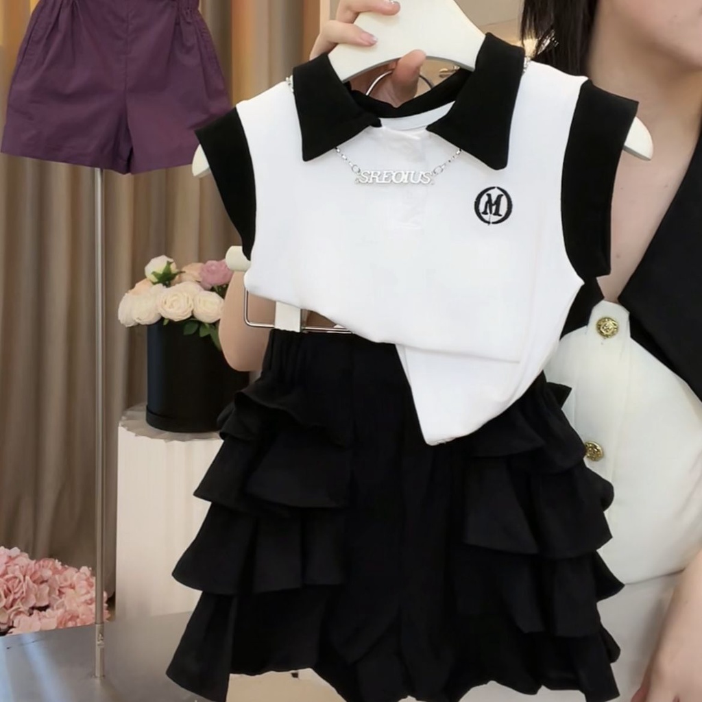 Set Áo Thun polo + Quần culottes Phong Cách Hàn Quốc Thời Trang Mùa Hè Mới Cho Bé Gái