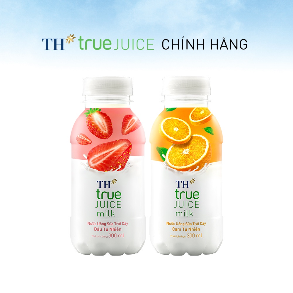 Thùng 12 chai sữa dâu & 12 chai sữa cam tự nhiên TH True Juice Milk 300ml (300ml x 12)