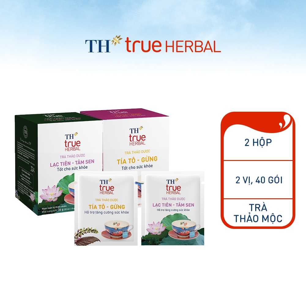 Bộ 2 hộp Trà Lạc tiên – Tâm sen & Trà Tía tô – Gừng TH True Herbal (20 gói/hộp)