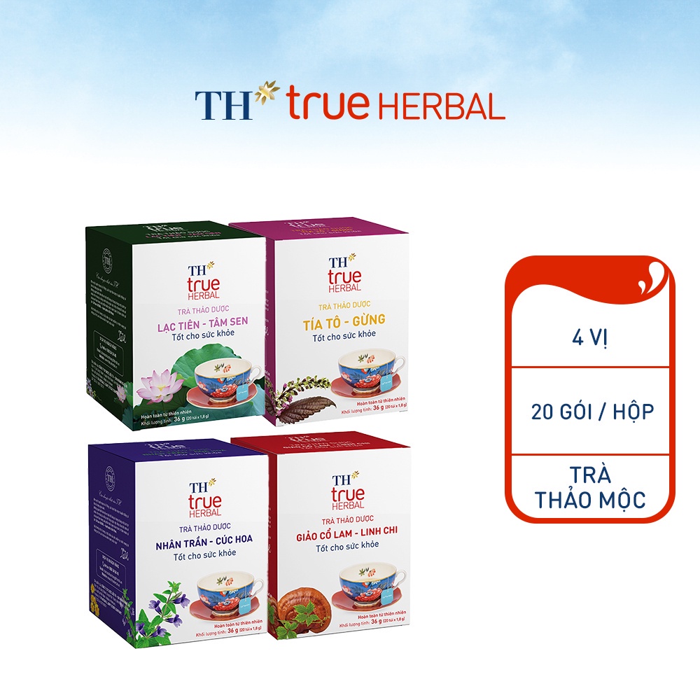 Bộ 4 hộp Trà Giảo cổ lam – Linh chi, Nhân trần – Cúc hoa, Lạc tiên – Tâm sen & Tía tô – Gừng TH True Herbal (80 gói)