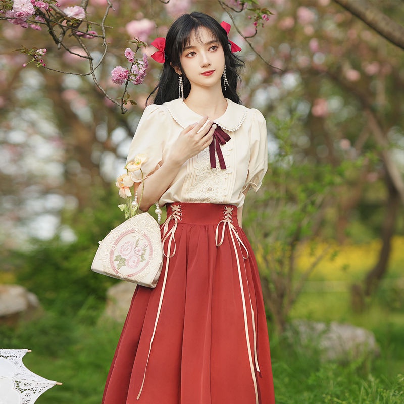 Đầm Búp Bê Tay Ngắn Phối Ren Phong Cách Lolita Pháp Xinh Xắn Cho Nữ