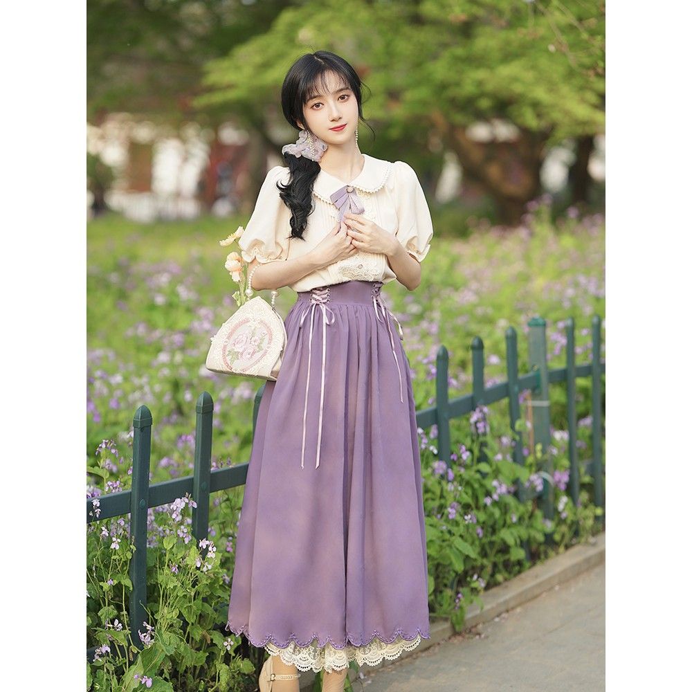 Đầm Búp Bê Tay Ngắn Phối Ren Phong Cách Lolita Pháp Xinh Xắn Cho Nữ