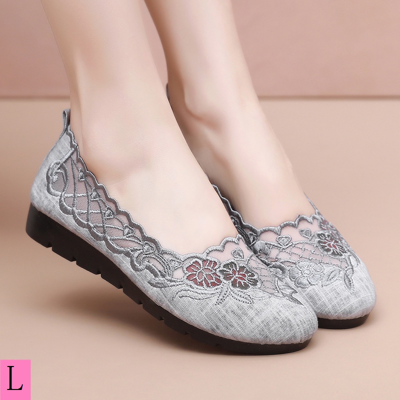 Giày Vải Lưới Đế Mềm Thoáng Khí Thêu Họa Tiết Phong Cách Bắc Kinh Cổ Điển Thời Trang Mùa Hè Cho Nữ Trung Niên