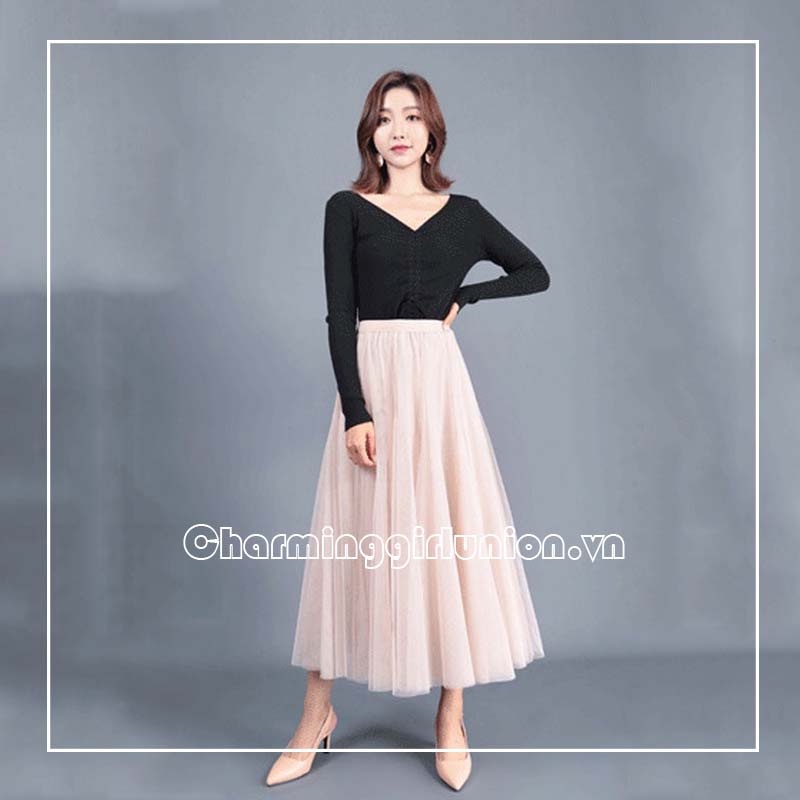 Chân váy dài phối ren lưới xuyên thấu thời trang nữ tính