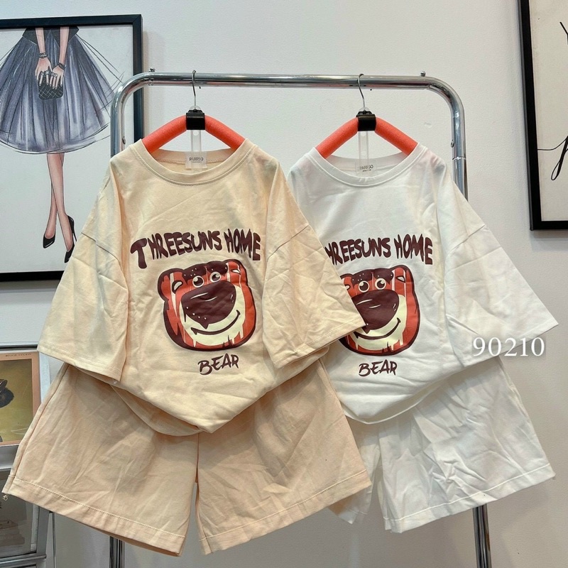 Sét Bộ Thun TAY NGẮN GẤU DÂU THREESUNS HOME BEER, Chất Thun Cotton co giãn chiều, form rộng thoải mái .UN