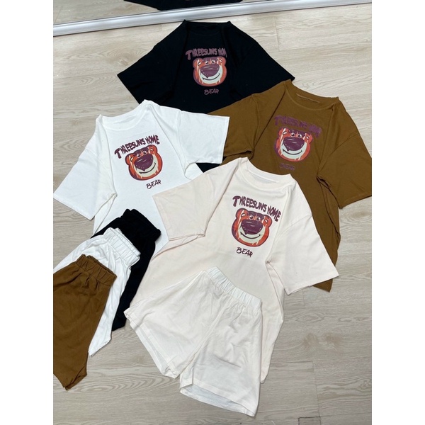 Sét Bộ Thun TAY NGẮN GẤU DÂU THREESUNS HOME BEER, Chất Thun Cotton co giãn chiều, form rộng thoải mái .UN