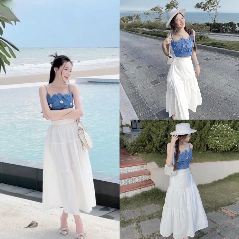 (FreeShip) Set Áo Bò Hoa 2s Mix Chân Váy Trắng Xòe, Áo Bò Thô Dày Dặn, Chân Váy 2 Lớp Siêu Xinh