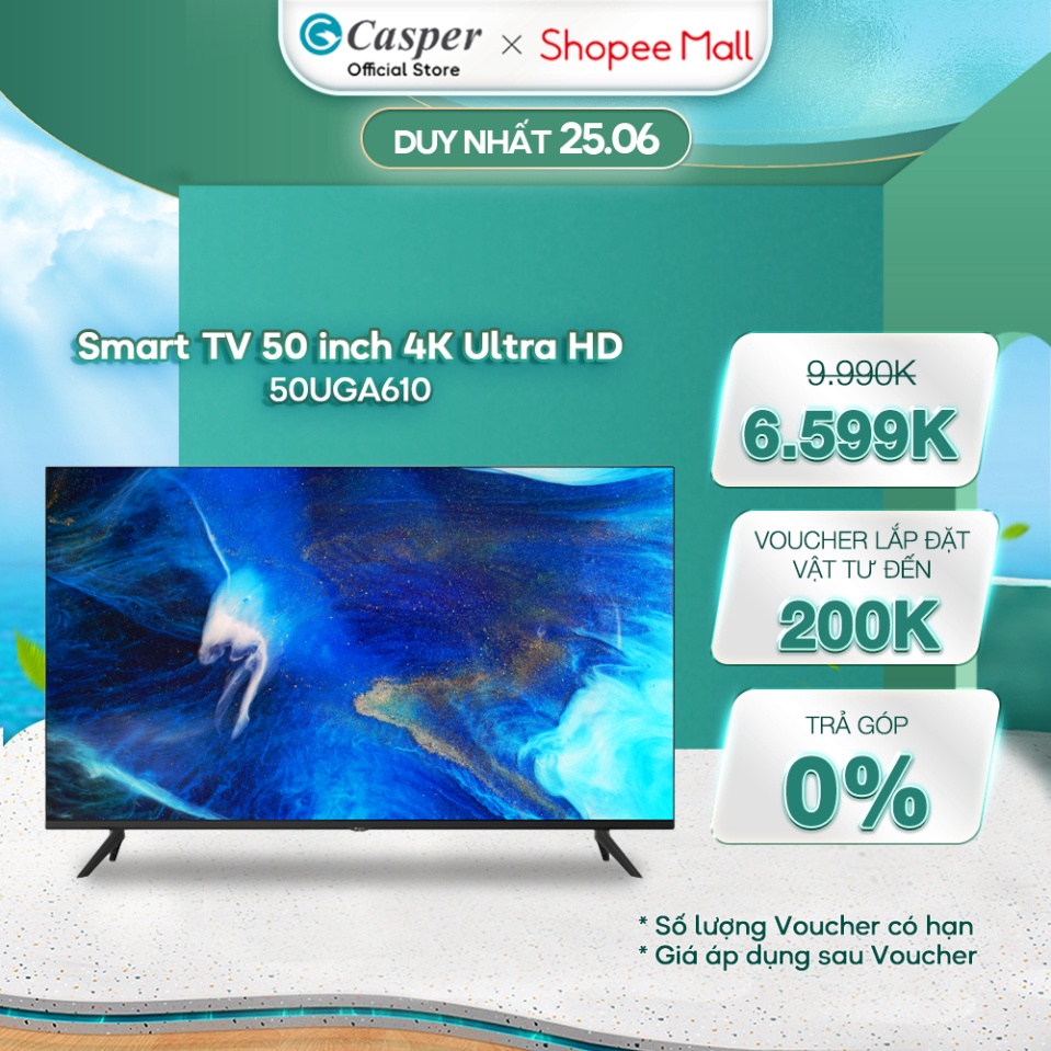 sale sập sàn  Smart TV Casper 50 inch 4K Ultra HD màn hình LED 50UGA610 [TRẢ GÓP 0%, Giao TP. HCM]
