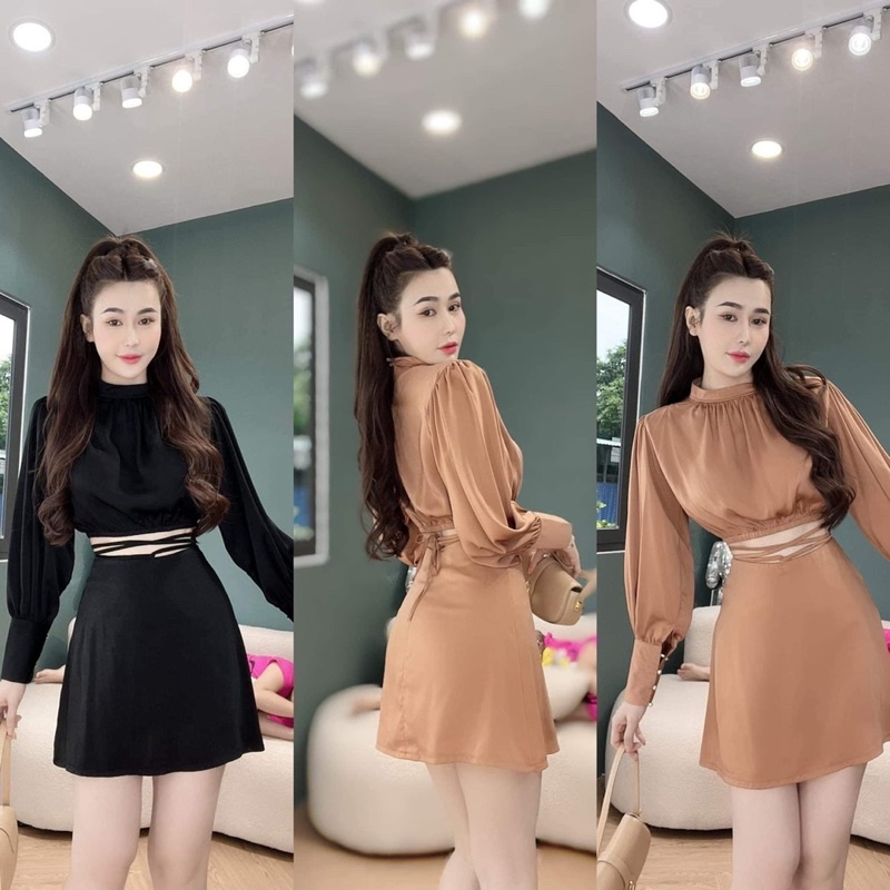 Sét Lụa Dự Tiệc Áo Kiểu Đan Dây & Chân Váy