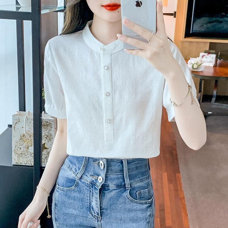Áo Sơ Mi Cổ Đứng Tay Ngắn Phong Cách Pháp Thời Trang Mùa Hè 2023 Cho Nữ