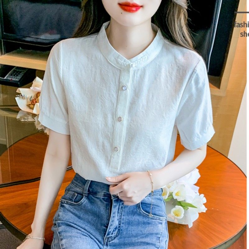 Áo Sơ Mi Cổ Đứng Tay Ngắn Phong Cách Pháp Thời Trang Mùa Hè 2023 Cho Nữ