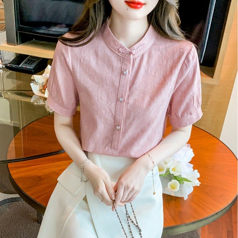 Áo Sơ Mi Cổ Đứng Tay Ngắn Phong Cách Pháp Thời Trang Mùa Hè 2023 Cho Nữ