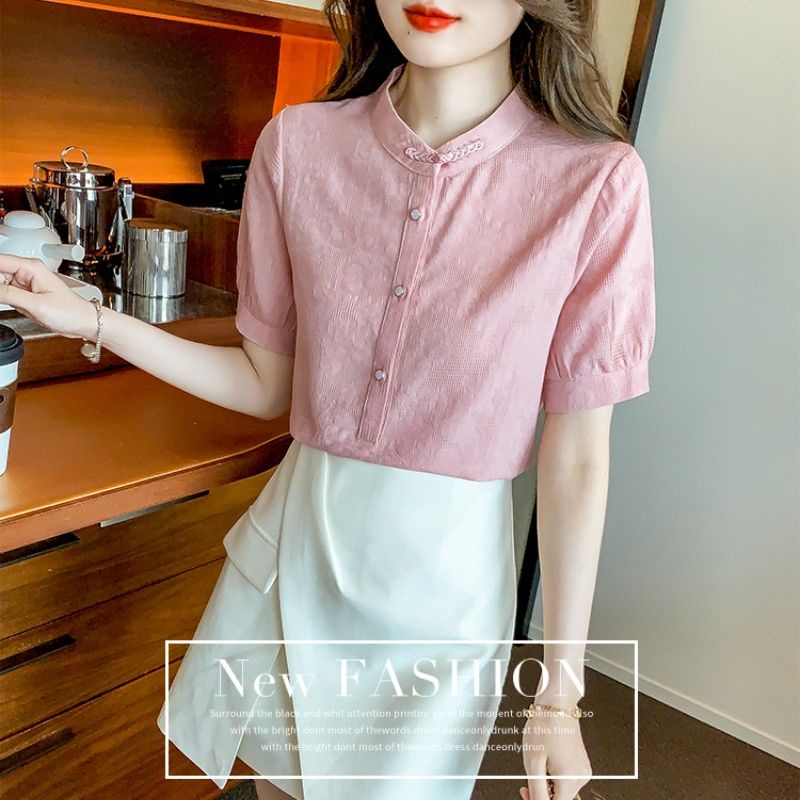 Áo Sơ Mi Cổ Đứng Tay Ngắn Phong Cách Pháp Thời Trang Mùa Hè 2023 Cho Nữ