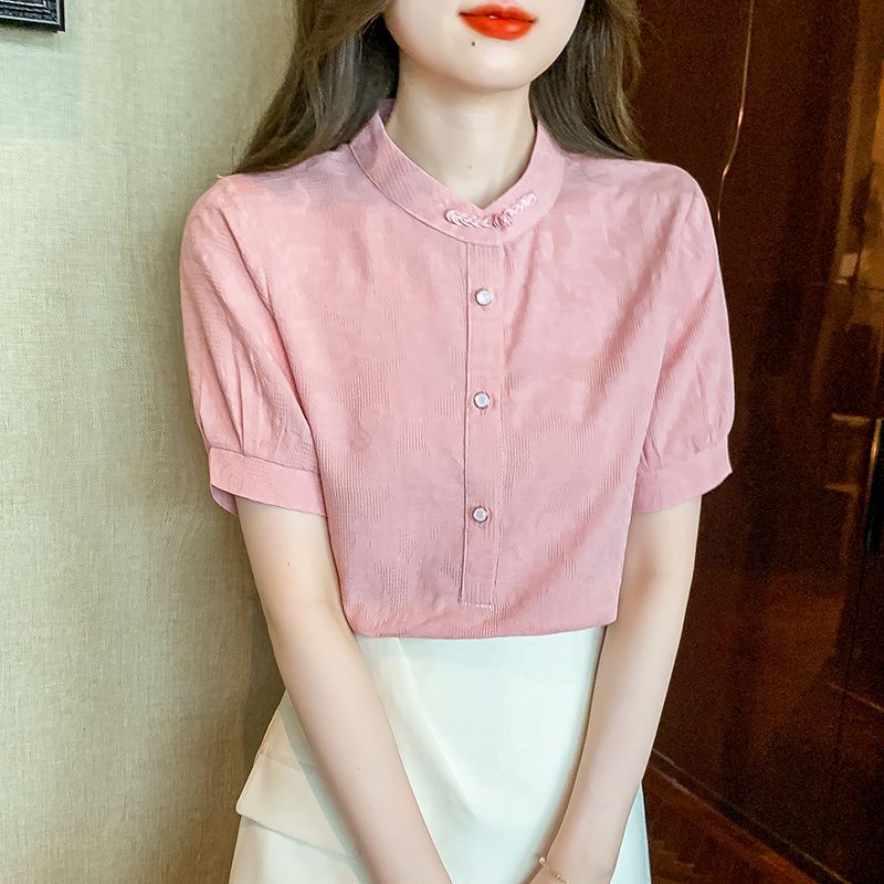 Áo Sơ Mi Cổ Đứng Tay Ngắn Phong Cách Pháp Thời Trang Mùa Hè 2023 Cho Nữ