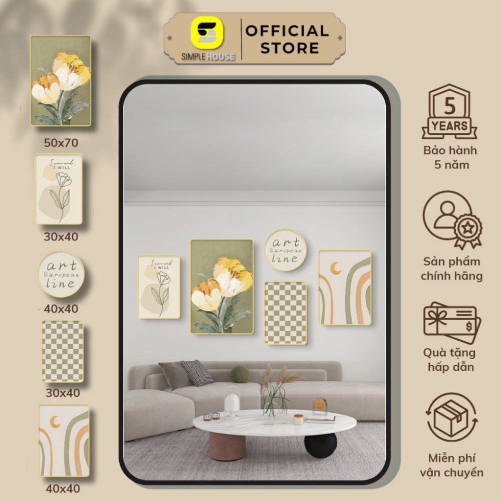 Bộ Tranh Tráng Gương Kết Hợpx & Match - Bộ 5 Món, Trang Trí Tường Chất Liệu Kim Loại Mạ Kẽm Cao Cấp - Simple Housee H .