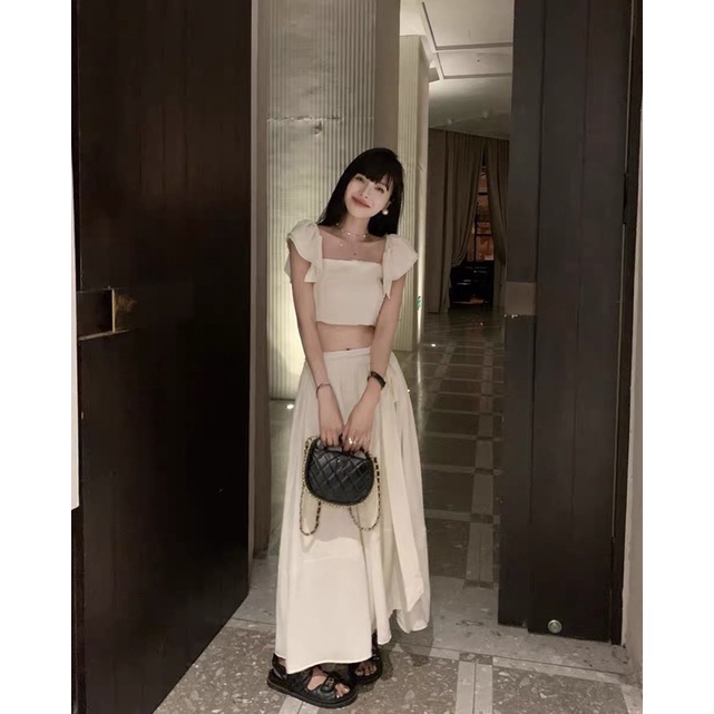 Sét váy áo trễ vai kèm chân váy dài thắt nơ chất đũi mát L1_Cuastore