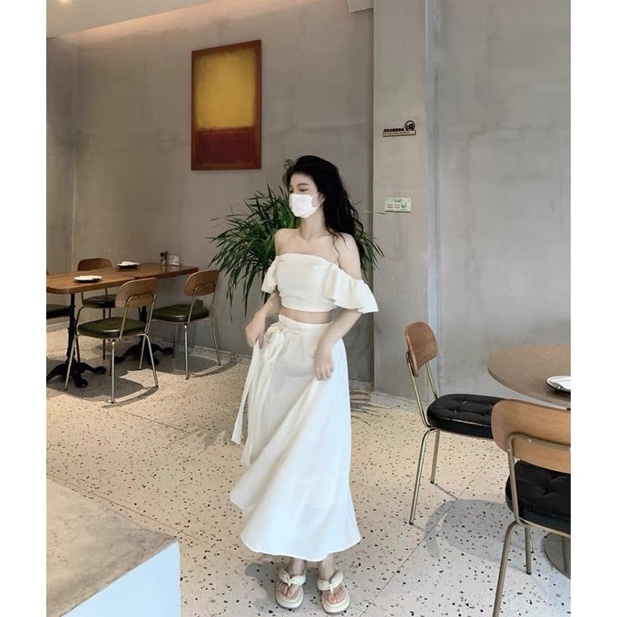 Sét váy áo trễ vai kèm chân váy dài thắt nơ chất đũi mát L1_Cuastore