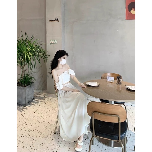 Sét váy áo trễ vai kèm chân váy dài thắt nơ chất đũi mát L1_Cuastore