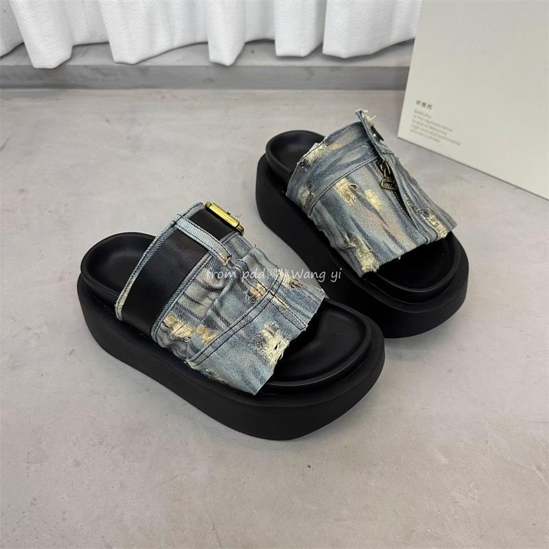 Sandal Cao Gót Mùa Hè 2023 Phong Cách Mới denim Đế Dày Phong Cách Châu Âu Cho Nữ