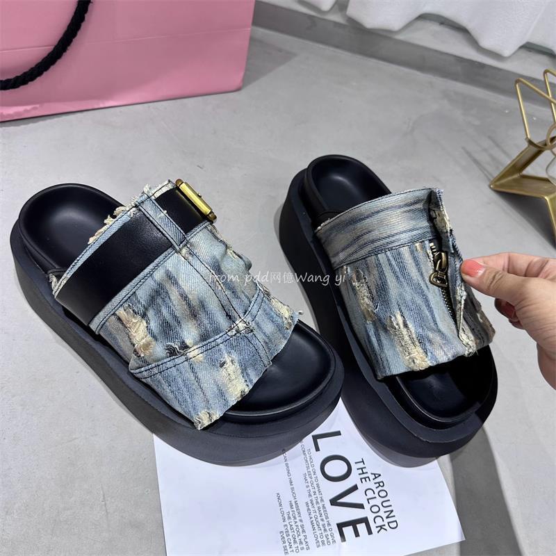 Sandal Cao Gót Mùa Hè 2023 Phong Cách Mới denim Đế Dày Phong Cách Châu Âu Cho Nữ