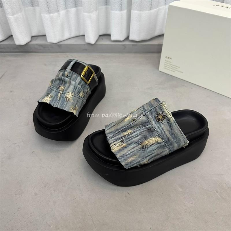 Sandal Cao Gót Mùa Hè 2023 Phong Cách Mới denim Đế Dày Phong Cách Châu Âu Cho Nữ