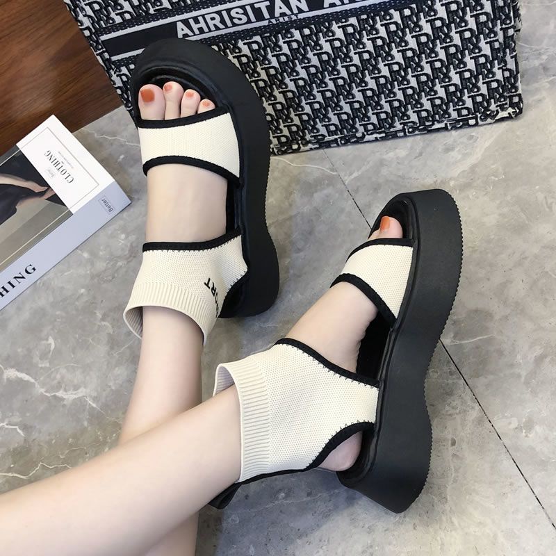 Giày Sandal Đế Dày Tăng Chiều Cao Phối Lưới Thoáng Khí Màu Đen Thời Trang Mùa Hè Cho Nữ