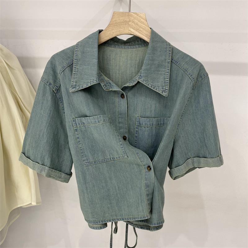 Áo Sơ Mi denim Tay Ngắn Phong Cách Hong Kong Thời Trang Mùa Hè Cho Nữ