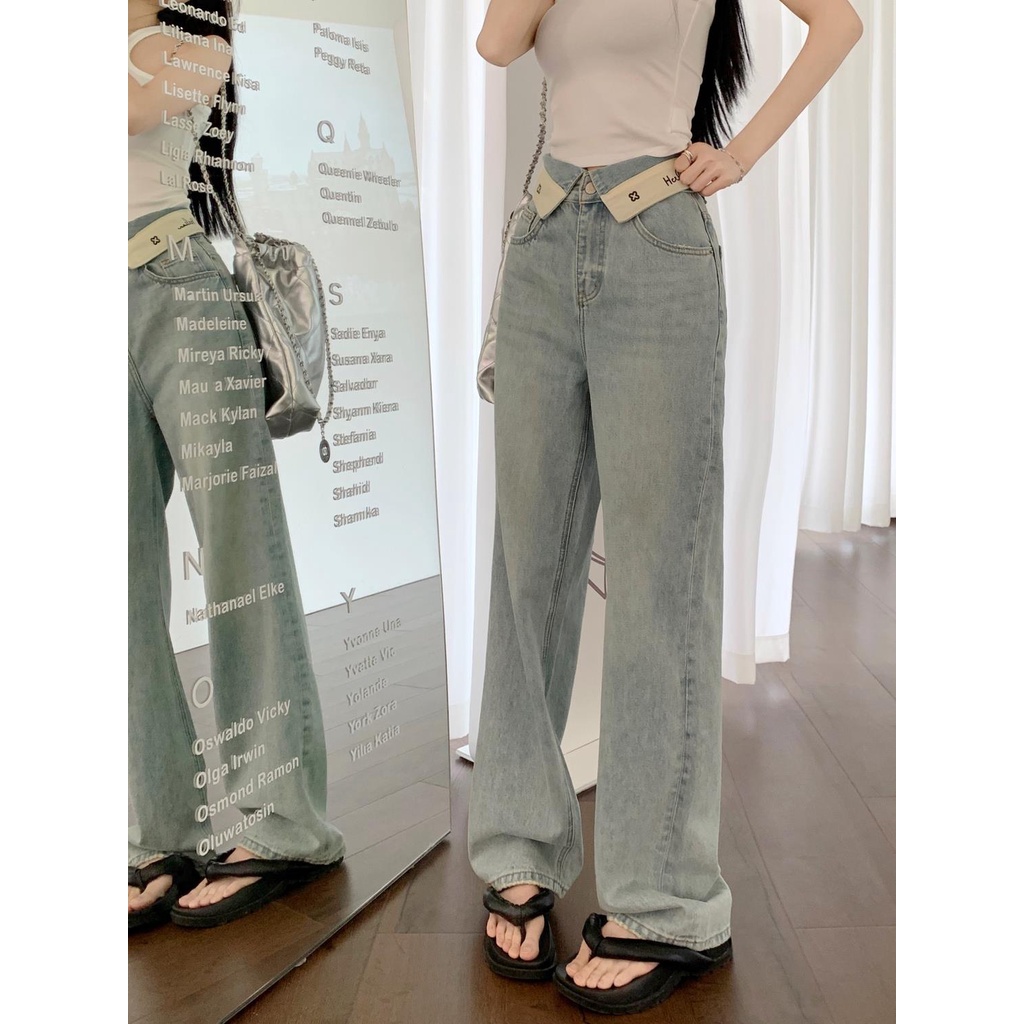 Quần Jeans Nữ Lưng Cao Ống Rộng In Chữ Thời Trang