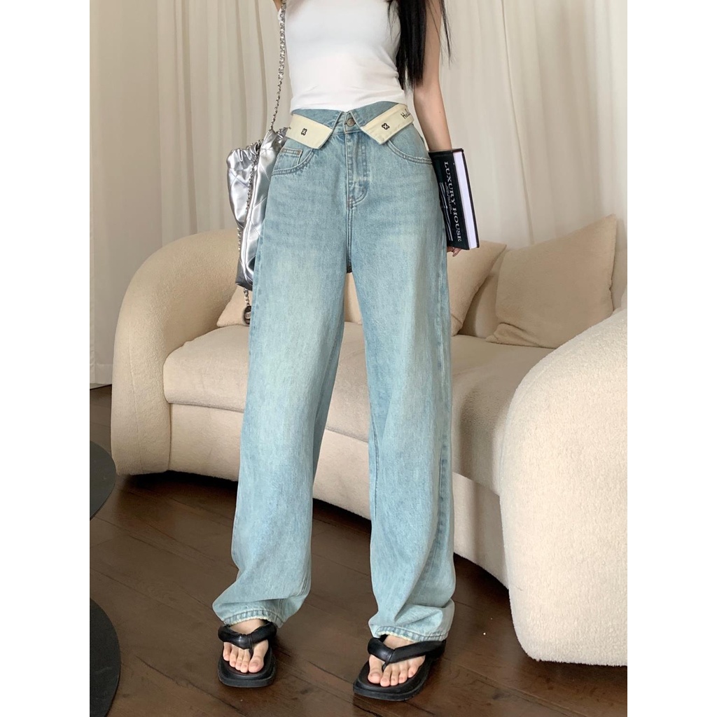 Quần Jeans Nữ Lưng Cao Ống Rộng In Chữ Thời Trang