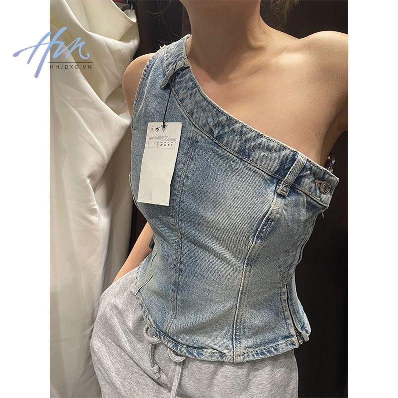 Áo Denim Không Tay Lệch Vai Thời Trang Mùa Hè Dành Cho Nữ